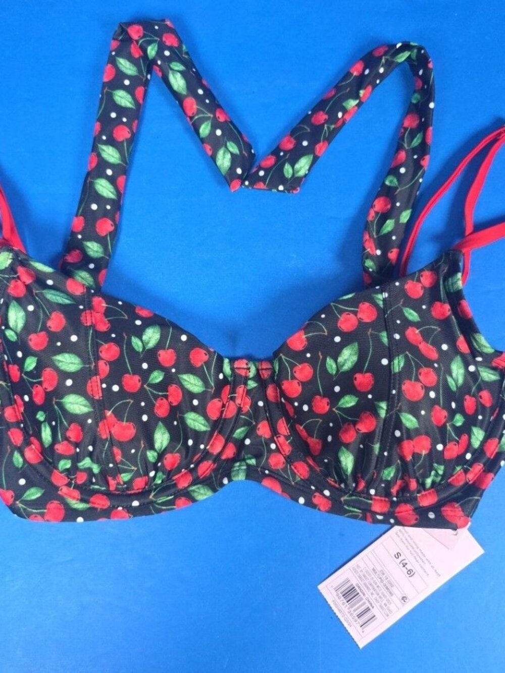 Wild Fable Cherry Triangle Bikini Top Size S (4-6) - Black /Red Tie Back